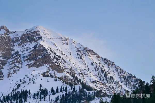 高清摄影 白雪覆盖的山峰和蓝天下的树木。