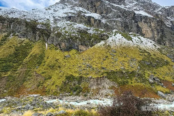 高清摄影 白雪覆盖的山峰，绿坡和一条河流。