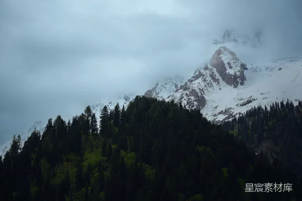 高清摄影 覆盖着积雪和树木的山峰在多云的天空下