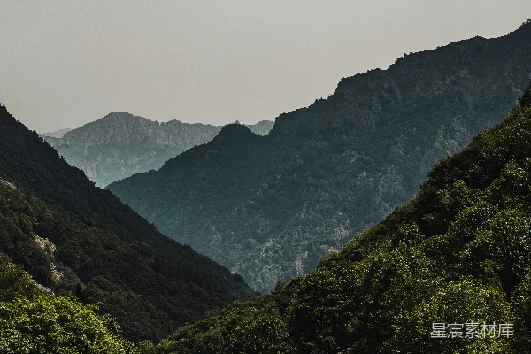 高清摄影 一幅山峦的景色，前景中树木繁茂。