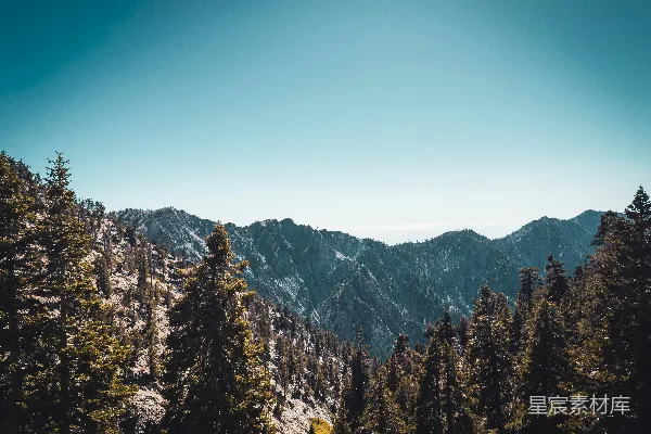 高清摄影 一座山脉的壮丽景色，前景中树木繁茂。