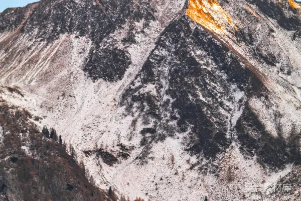 高清摄影 白雪覆盖的山峰，高耸在秋林之上