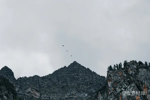 高清摄影 一座山峰上有一只鸟飞过。