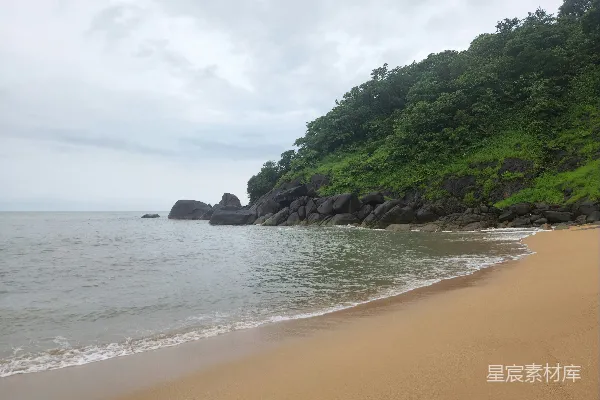 高清摄影 一条沙滩紧邻着郁郁葱葱的山坡。