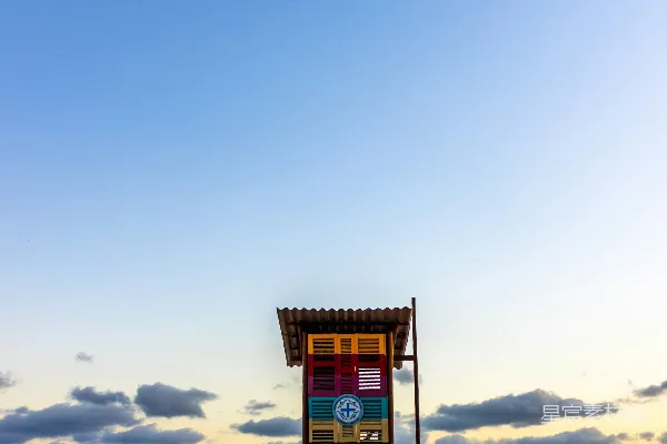 高清摄影 海滩白天的棕色木制救生员塔