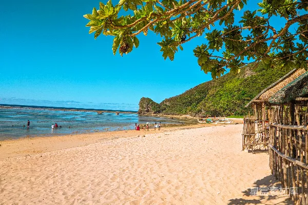 高清摄影 一个沙滩，人们在水中游泳。