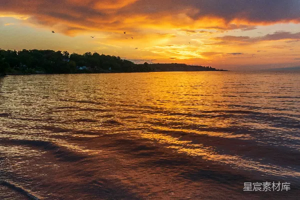 高清摄影 夕阳映照下的海滩景色，海浪正涌向岸边。