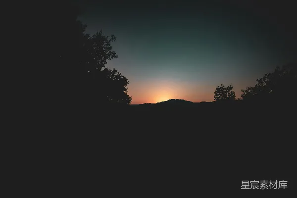 高清摄影 太阳正从树梢落下，天空中夕阳西下。