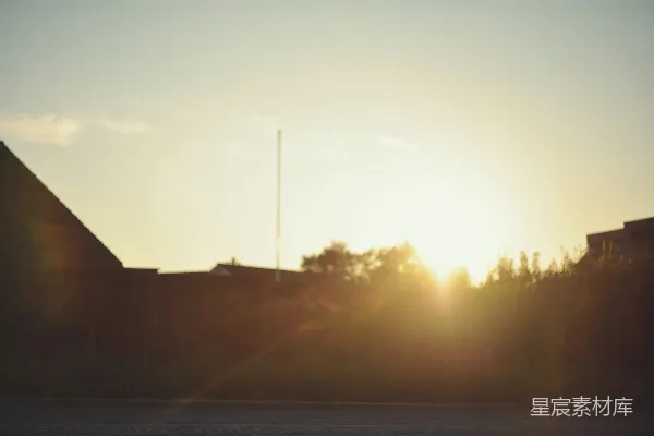 高清摄影 夕阳金辉洒在建筑剪影和树木之上。