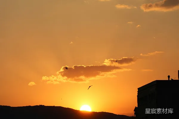 高清摄影 夕阳映照在群山上，一只鸟儿在飞翔。