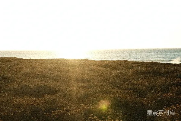 高清摄影 夕阳西下，田野和海洋上空的金光。