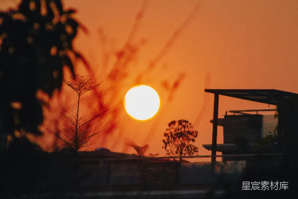 高清摄影 夕阳正在一幢建筑和树木上落下。