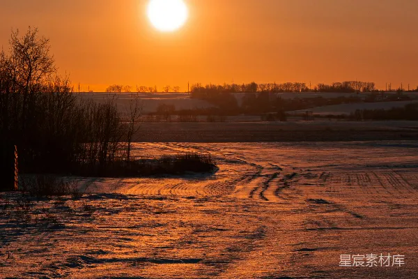 高清摄影 夕阳洒落在雪白的田野上。