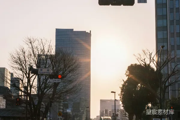 高清摄影 城市街道上的红绿灯，背景是高楼大厦。