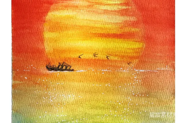 高清摄影 一幅在日落时分海洋中的船的画作