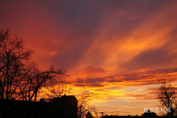 高清摄影 夕阳西下，前景中有云朵和树木。