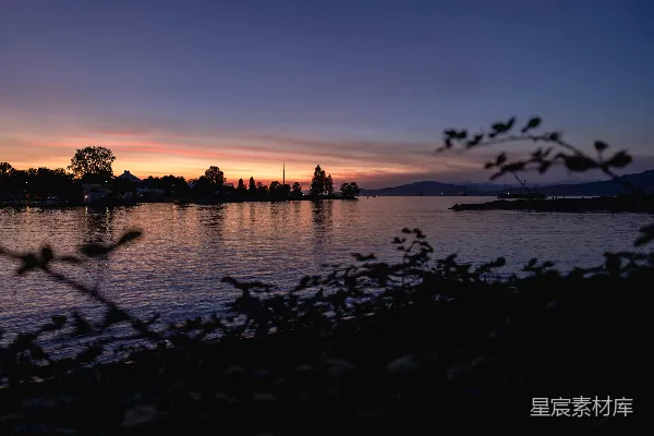 高清摄影 一片水面，背景中有树木和夕阳。