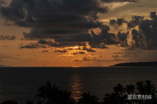高清摄影 夕阳正缓缓落下，海面上有棕榈树。