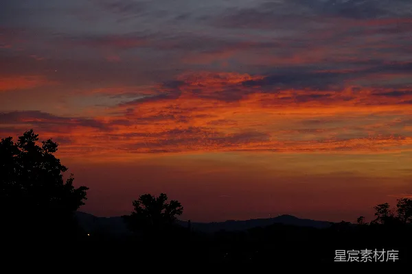 高清摄影 夕阳西下，云层和树木在前景中。