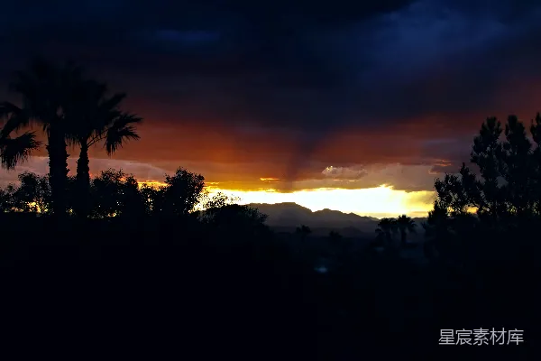 高清摄影 夕阳西下，棕榈树与山脉倒映在背景中。