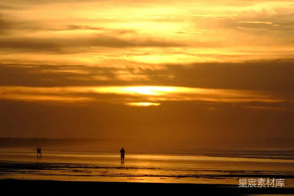 高清摄影 几个人在夕阳下走在海滩上。