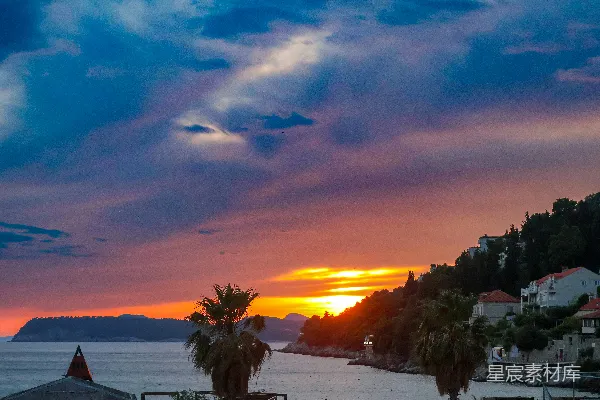 高清摄影 夕阳西下，棕榈树在海滩前景中摇曳。