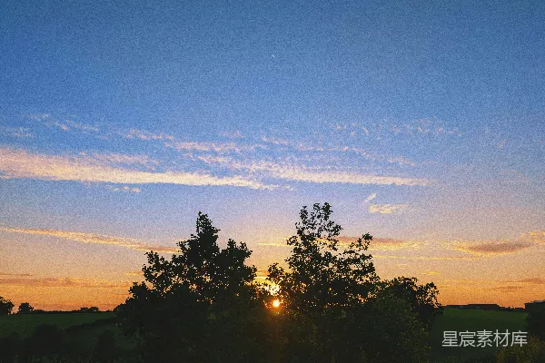高清摄影 夕阳正落在这片树林和田野之间。