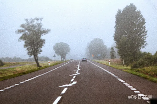 高清摄影 一辆车在雾气弥漫的道路上行驶，两旁是树木。