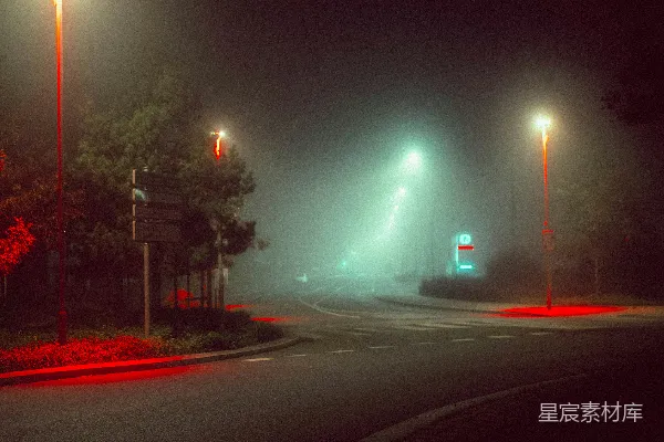 高清摄影 夜晚的雾蒙蒙的街道和路灯