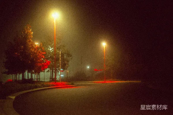 高清摄影 一条夜晚的黑暗街道，路灯亮着。