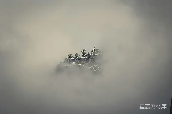 高清摄影 一座被雾气笼罩的山，山顶上长着树木。
