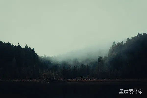 高清摄影 雾蒙蒙的森林紧邻着湖泊