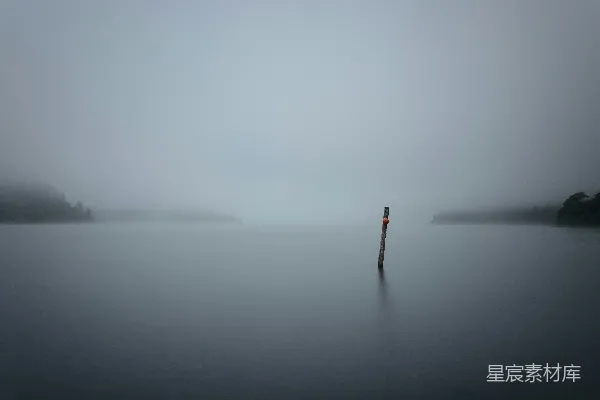 高清摄影 雾蒙蒙的湖中有一根水中的柱子