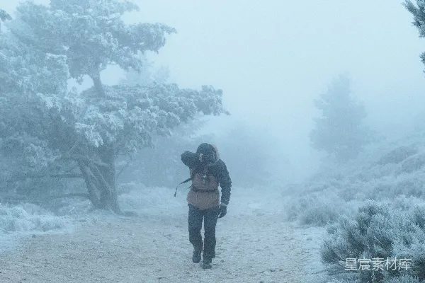 高清摄影 一个人在雪地的小路上行走
