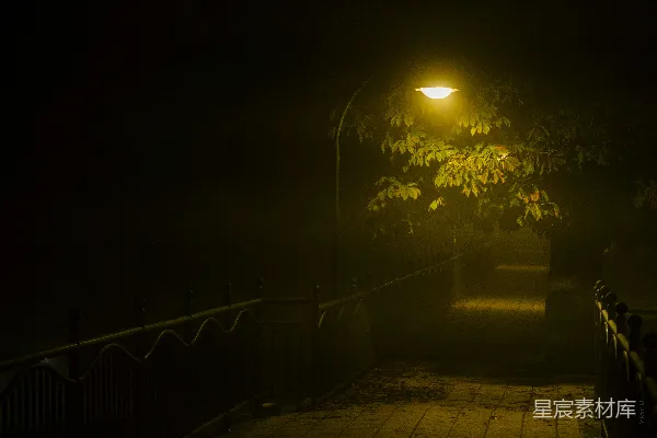 高清摄影 一条黑暗的街道在夜晚，有一盏灯亮着。