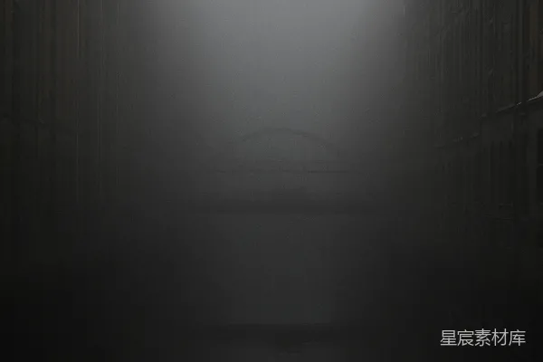 高清摄影 在浓雾中，剪影在一座桥上交错。