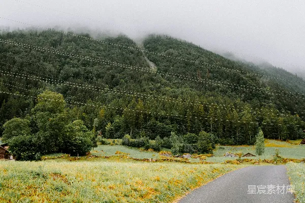 高清摄影 一条乡间小路，背景是山。