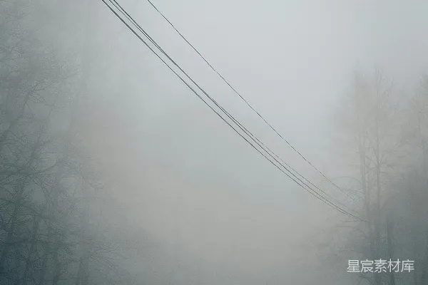 高清摄影 一条雾蒙蒙的道路，两旁有电线和树木。