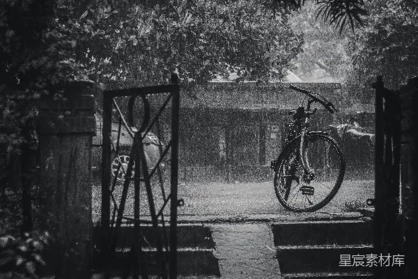 高清摄影 一辆自行车停在雨中的外面。