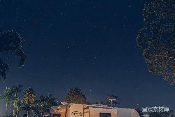 高清摄影 夜晚，一辆露营车停在树旁。