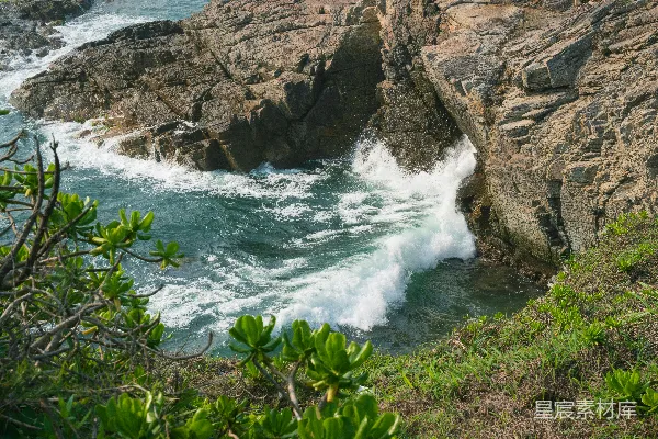 高清摄影 海浪拍打着长满绿色植物的陡峭悬崖。