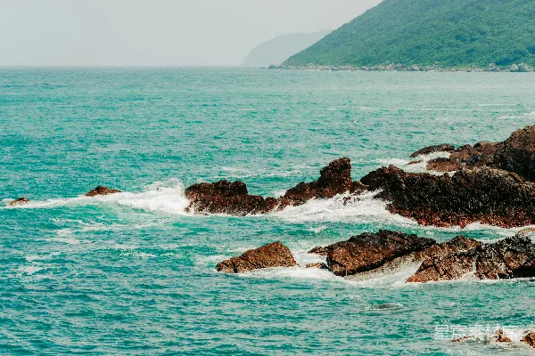 高清摄影 海浪拍打着岩石海岸，景色宁静。