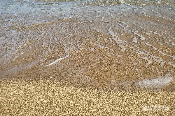 高清摄影 一个沙滩，海浪在水中涌进又退去。