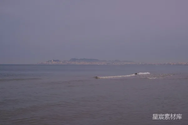 高清摄影 平静的海洋与远处朦胧的天际下城市景观