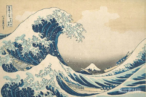 高清摄影 巨大的海浪中夹杂着船只，远处是富士山。