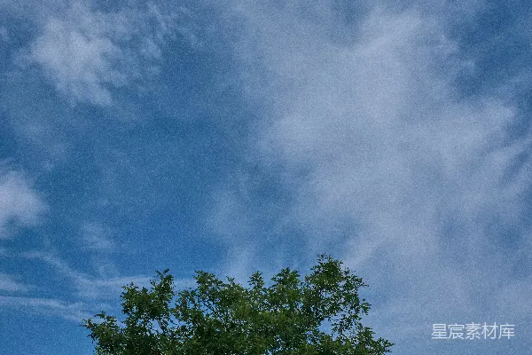 高清摄影 树下的一张长椅，天空阴云密布，蓝色的天空中飘着云。