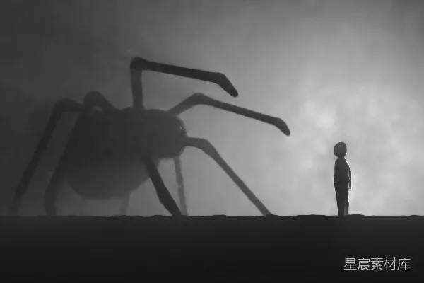 高清摄影 一个人站在一只巨大的蜘蛛面前