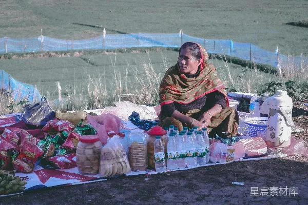高清摄影 一个女人坐在毯子上，旁边放着装满食物的袋子。