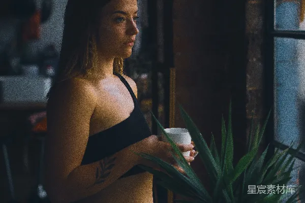 高清摄影 穿着黑色文胸和棕色裤子的女人站在绿色植物旁边。