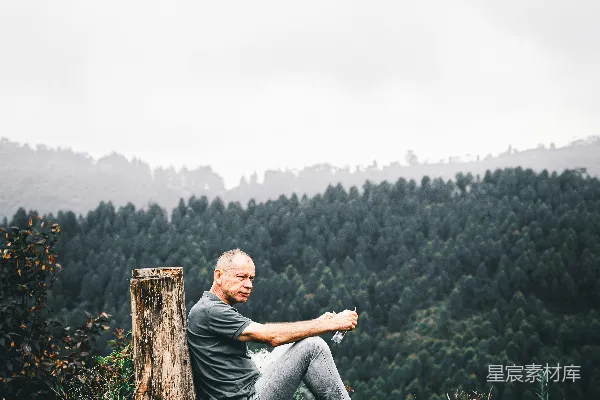 高清摄影 一个男人坐在树林里的一个树桩旁边。